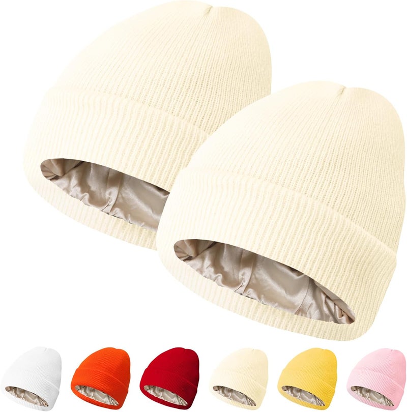 PFFY 2 Packs Womens Satin Lined Beanie Hat Silk Lining Winter Hats Beanies for Women Soft Slouchy Beanie Skull Cap - Image 1